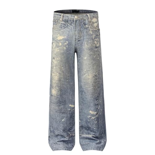 Jeans Pants Trouser Denim Retro Trendy Street Spray Dirty Personalized Wash Blue Straight Leg for Men3