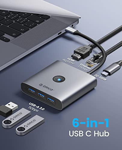 Orico 6-In-1 Usb C Hub With 2.5G Ethernet, 3 Usb-A (5Gbps), 4K Hdmi, 100W Pd Charging - High-Speed Docking Station For Enhanced Connectivity On Type C Devices #TOP1