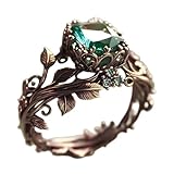 CYUKG Green Emerald Leaf Wedding Ring for Women Vintage Green Gemstone Leaf Rings (Gold 6)