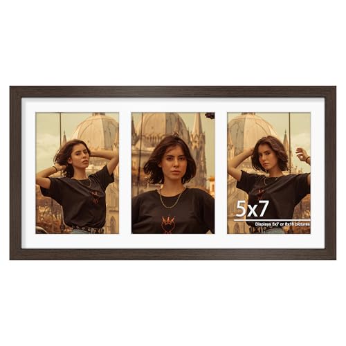 Image of DUENPY 8x16 Collage Picture Frame,5x7 Collage Picture Frame Displays Three 5x7 inch Photos, or 8x16 (Without Mat) for Available Horizontal Wall Mounting Display and Vertical, Walnut.