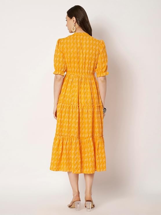 Image of PIDAVLIYA'S Women's Floral Summer Maxi Dress I Cotton Printed I One Piece Bodycon Midi Dress with V-Neck, Puffed Sleeves