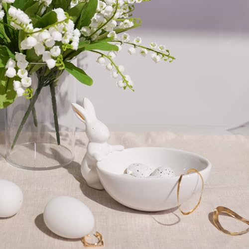 Easter-Decorations - Candy Dish Bowl - Candy Server - Nut Dish - Easter Bunny Bowl Ceramic Snack Serving Dish with Rabbit White Tabletop Decor Framhouse Home Décor 7x3.75x4.25 Inch Newman House Studio