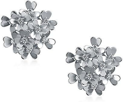 CZ Floral Cubic Zirconia Bouquet Of Flower Clip On Earrings For Women Non Pierced Ears Silver Rose Or Gold Plated Brass
