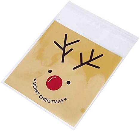 Kungfu Mall 100PCS Christmas Self Adhesive Elk Print Cellophane Plastic Cookie Candy Bags Gift Bags Package for Xmas Party Supplies Decoration