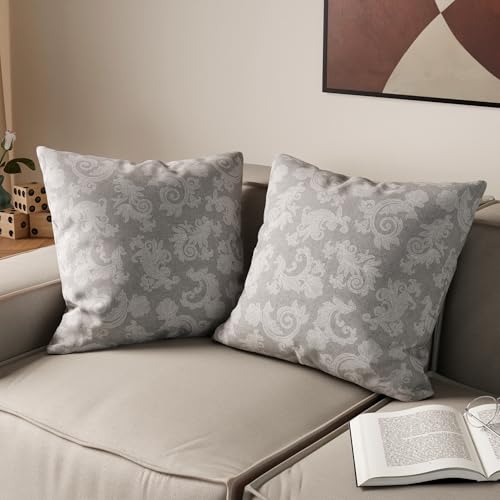 Encasa Cubiertas De Cojín Floral De Algodón De Chambray | Gris Juego de 2 I 50x50 cm I Cubierto Solo I Decorative Floral Square Pillowase I Lavable | Solamente para Uso En Interiores