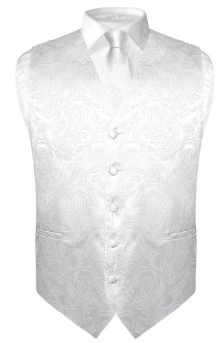 Vesuvio Napoli Men's Paisley Design Dress Vest & NeckTie WHITE Color Neck Tie Set