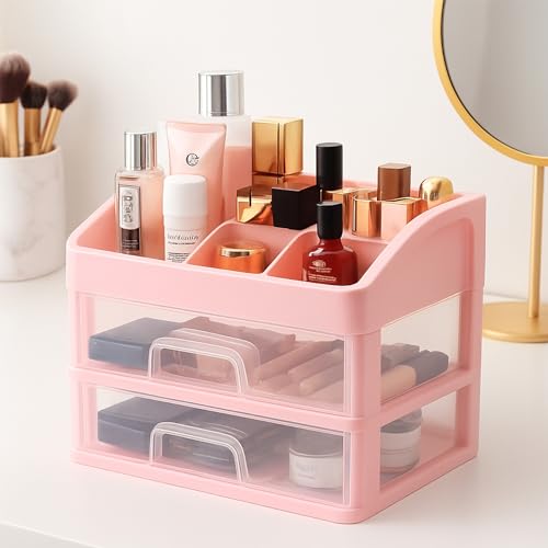 Image of ALOXE Makeup Organisers & Storage Box | Space Saving Makeup Organizer Stand for Dressing Table & Skincare Storage (2-Tier Pink)