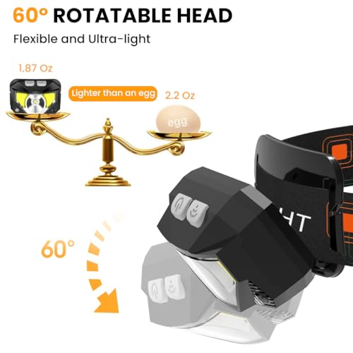 Image of PROBEROS LED Head Light with Red Flash Warning Light and Multi Work Modes, IPX5 Waterproof Rechargeable Headlamp for Camping, Hiking, Night Work with Motion Sensor and Adjustable Strap
