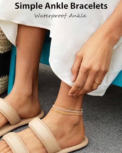 Image of ZHESHY Gold Silver Ankle Bracelets for Women 14K Gold Plated Anklets for Women Waterproof Cuban Link Heart Chain Anklets Set Non Tarnish Dainty Layered Anklet Bracelets for Women Summer Beach Jewelry