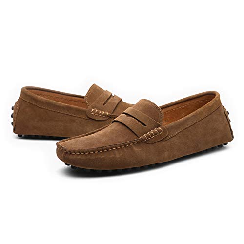 Penny Loafer for Men Square Apron Toe Slip On Driving Shoes Stitching Nubuck Leather Anti Slip Rubber Sole with Grips Solid Color(Khaki,10 M US)2