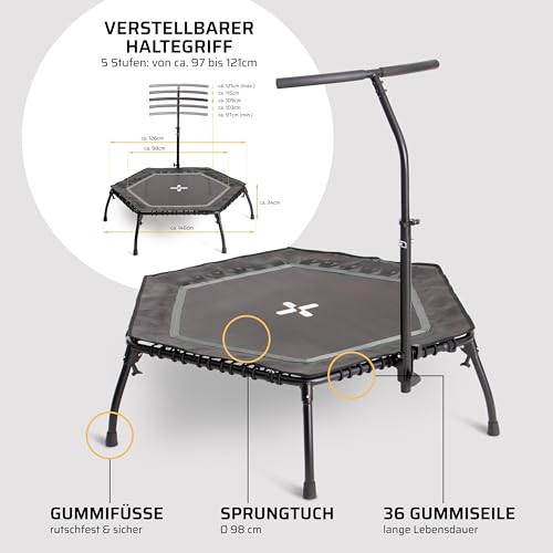 SportPlus Fitness Trampolin Indoor für Zuhause, Trampolin mit Haltestange höhenverstellbar, Gummiseilfederung, Workout & Cardiotraining, Premium-Qualität Designed in Germany 130kg