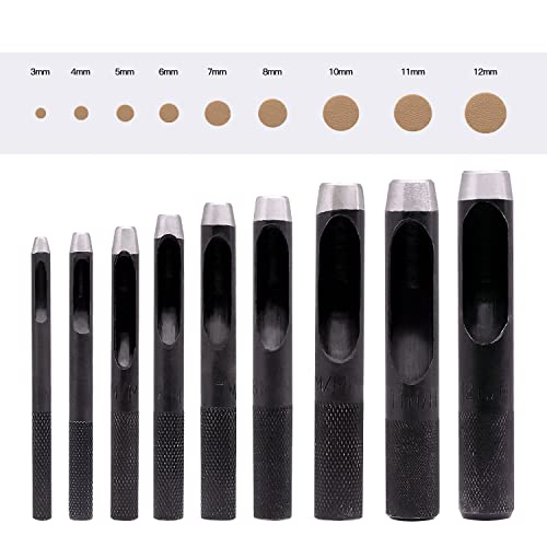 Tlimus 9 Pieces Heavy Duty Round Punch Set（3Mm-12Mm） With A Free Cutting Pad, Leather Hole Punch Set With Storage Case Is Widely Used In Watch Straps, Belts, Cloth, Leather Gaskets（9 Black） #TOP1