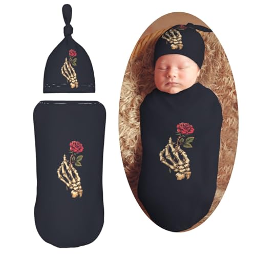 Image of Skeleton Hand Holding Rose Newborn Swaddle Blanket with Beanie Set Soft Baby Sack Stretch Adjustable Swaddle Wraps Receiving Blankets