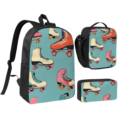 Retro Roller Skates Colorful print Backpack Bookbag for Daily Use,3 Pcs Backpack Set with Lunch Box and Pencil Case