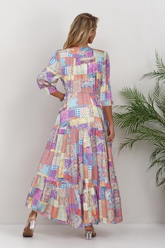 Image of Women Short Sleeve V Neck Floral Print Casual Bohemian Maxi Dresses
