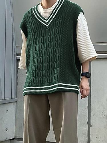 Gorglitter Men's Striped Cable Knit Sweater Vest Sleeveless V Neck Pullover Sweater Tops Dark Green Large #TOP2
