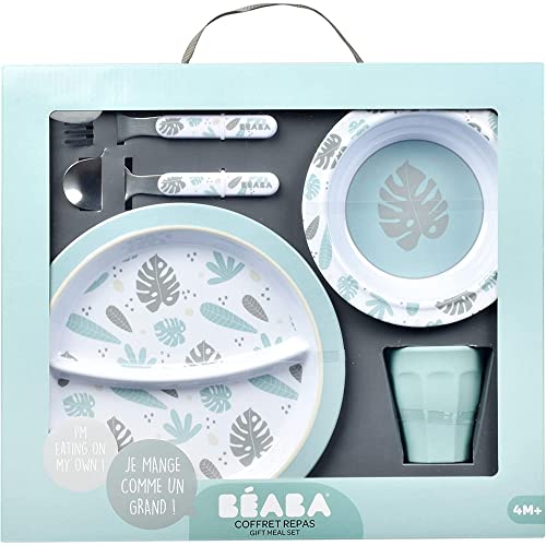 BÉABA, Coffret Cadeau Repas Enfant, Assiette deux compartiments, Bol, Couverts, Verre, Base anti-dérapante, Mélamine, Motif Jungle