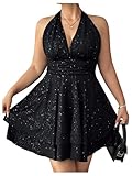 BEAUDRM Women's Plus Size Sparkly Halter Dress Shiny Layered Open Back Party Club Short Dresses Black XX-Large Plus