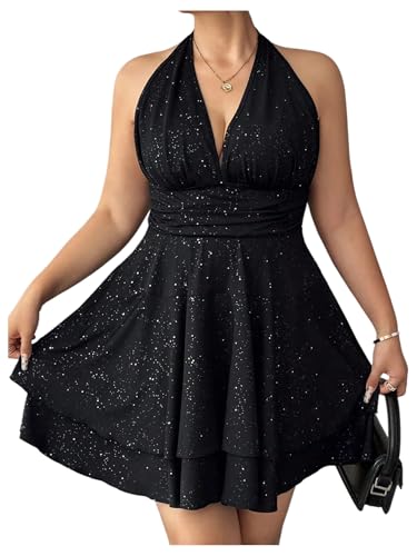 BEAUDRM Women's Plus Size Sparkly Halter Dress Shiny Layered Open Back Party Club Short Dresses Black XX-Large Plus