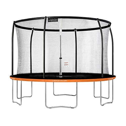 GREADEN Trampoline de Jardin Certifié TÜV & GS, Trampoline Rond Fitness Extérieur Ø 250/305 / 360 / 430cm, Kit Complet avec Filet de Sécurité pour Enfants (Orange, Ø 360cm)