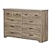 South Shore Versa Collection 8-Drawer Double Dresser, Weathered Oak with Antique Handles