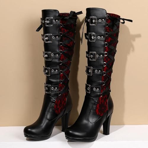 SACFOF Women Lace Goth Knee High Boots Vintage Buckle Block Heel Lace Up Knee Steampunk Boots Punk Platform Gothic Boots3