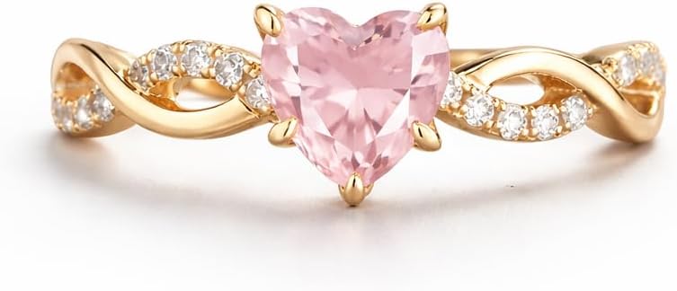 Heart Cut Pink Sapphire Engagement Ring for Women 14K Yellow Gold Plated Infinity Band Ring with Sparkling CZ Accent Stone Romantic Promise Anniversary Jewelry Gift for Her