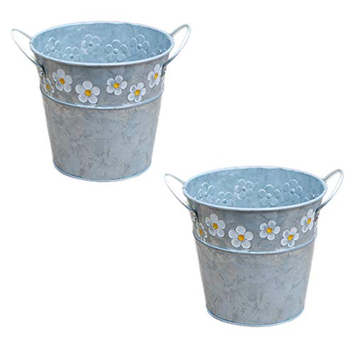 Yardwe Vintage Decor 2Pcs Galvanized Planter Metal Flower Pot Embossed Vintage Bucket Daisy Pattern Planter Indoor Outdoor Home Decoration Flower Pot For Garden Balcony Patio Lawn Home Decor #TOP1
