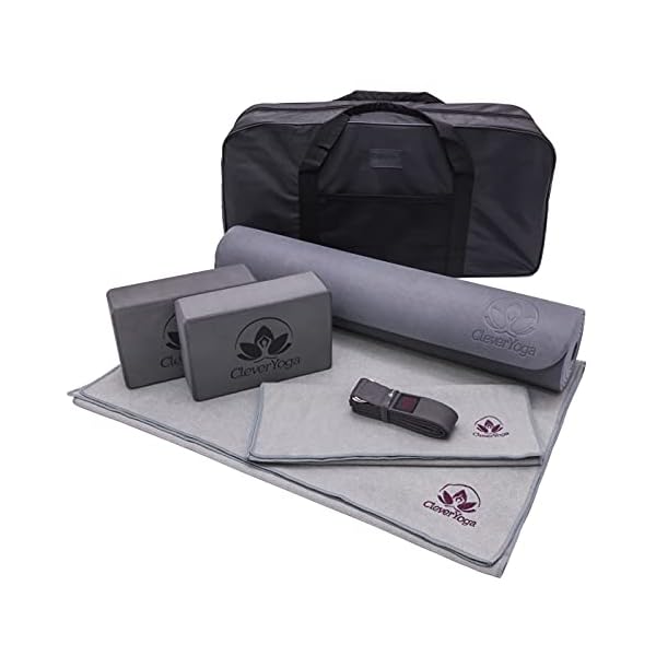 Clever-Yoga-Set-Complete-Beginners-7-Piece-Yoga-Kit-Includes-6mm-Thick-Yoga-Mat-2-Yoga-Blocks-Yoga-Strap-Mat-Towel-Hand-Towel-and-Carrying-Bag-for-Women-and-Men Yoga Gift For Women and Men - Mat Set Gray Kit 7PC - 6mm Large Yoga Mat, Yoga Mat Towel, 2 Yoga Blocks, Yoga Strap, Yoga Hand Towel with a Bag for Storage and Carrying - Great for Home or Travel