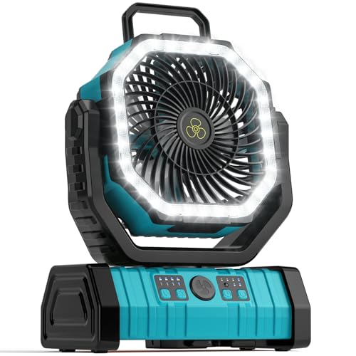 VOSFEEL Camping Fan - 20000mAh Battery Powered Fan Rechargeable with LED Lantern - Portable Outdoor Tent Fans with Hanging Hook 4 Speeds Wind Remote Control, Blue