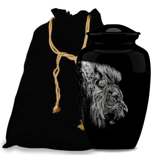 Forever URNS Adult Cremation Funeral Urn with Printed Lion Face Theme for Human Ashes of Female & Male | 200 cu in | Large | Black | Completely Handcrafted with Velvet Protection Bag