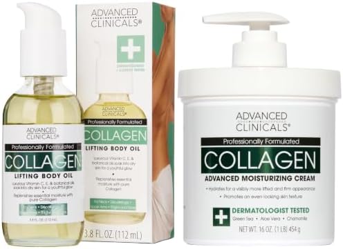Unscented Collagen Cream Face Moisturizer & Body Lotion + Collagen Body Oil Skincare 2pc Set For Women & Men Helps Reduce Appearance Of Crepey Skin, Wrinkles, & Dry Skin, 2PC Set