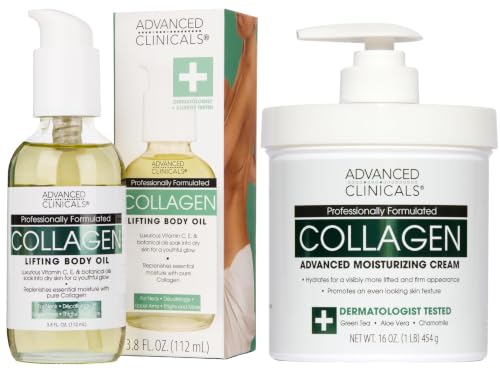 Advanced Clinicals Unscented Collagen Cream Face Moisturizer &amp; Body Lotion + Collagen Body Oil Skincare 2pc Set For Women &amp; Men Helps Reduce Appearance Of Crepey Skin, Wrinkles, &amp; Dry Skin, 2PC Set