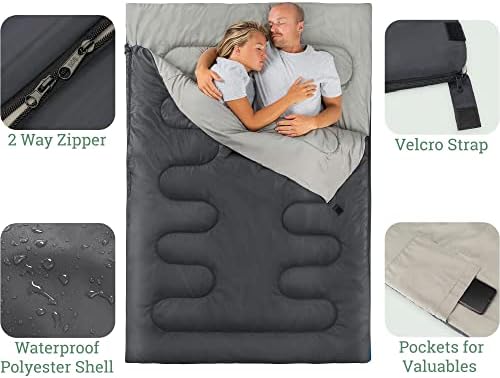 Double Sleeping Bag For Adults, Envelope 2 Season Summer Spring Autumn 250gsm, Outdoor Camping, Lightweight Carry Bag, Storage Pockets, 200cm x 150cm, Trail