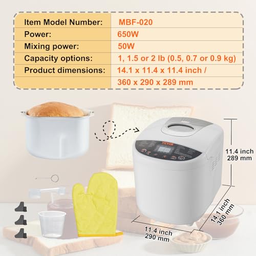 Image of VEVOR Bread Maker, 19-in-1 2LB Dough Machine, Nonstick Ceramic Pan Automatic Breadmaker with Gluten Free Setting, Whole Wheat Bread Making, Digital, Programmable, 3 Loaf Sizes, 3 Crust Colors, White