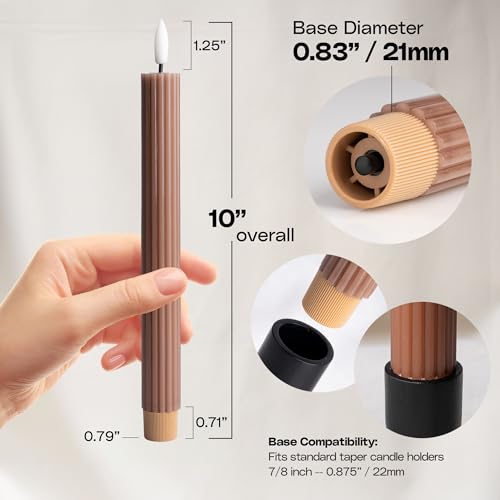 Image of 10 inch Fluted Ribbed LED Brown Tan Grooved Pillar Candles with 2 Remotes & 24h Timer Memory, On /Off Switch - Flameless Dimmable Battery Operated w /Flicker Mode, Home Wedding Decor (12 Pack)