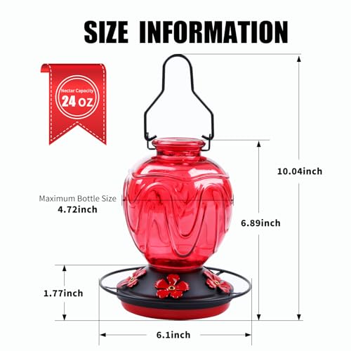Image of 2 Pack Glass Hummingbird Feeder for Outdoors Hanging, 24Ozs Humming Bird Nectar Feeder w /Perch, 5 Flower Feeding Ports, Leak Proof Base and Hook for Outside Garden Backyard Decor, Red