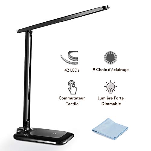 Lampe de Bureau LED, TOPELEK 42 LED Lampe de Chevet Tactile Flexible 5V Adaptateur Chargeur 3 Modes de Couleur 3 Niveaux de Luminosité Soin des Yeux Lampe de Table pour Travail, Lecture - Noir