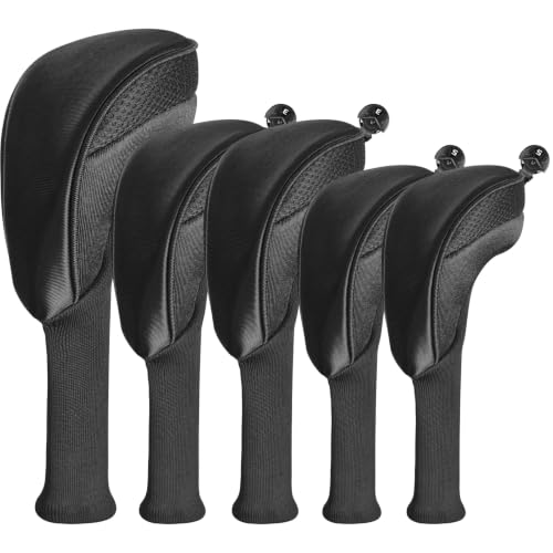 FINGER TEN Golf Club Head Covers with Long Neck- 5 Pcs Black