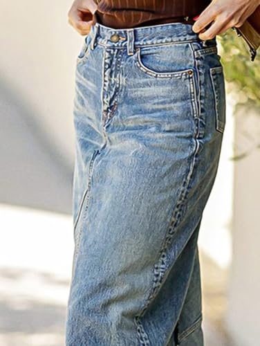 Flamingals A-Line High Rise Vintage Raw Hem Zipped Up Seam Detail Long Denim Skirt Without Belt3