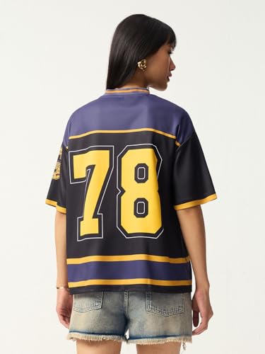 Image of The Souled Store Garfield: Women and Girls Short Sleeves V-Neck Purple and Black Graphic Printed Polyester Quick-Dry Breathable Streetwear Athletic Oversized Jersey
