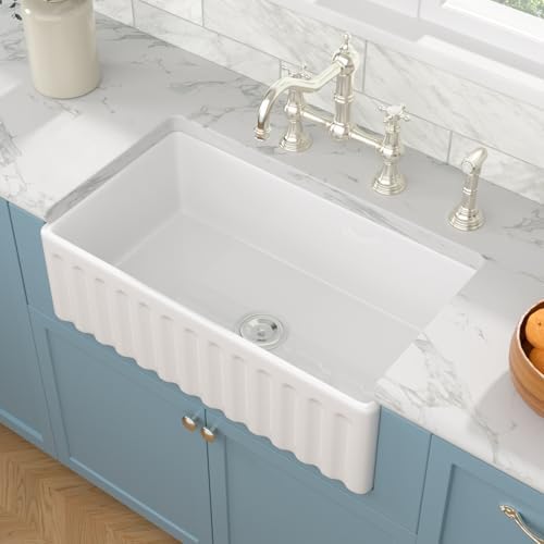 Sarlai 33 White Farmhouse Sink - 33x18 Inch Farm Kitchen Sink Reversible Apron Front White Ceramic Porcelain Fireclay Single Bowl Farmer Sinks