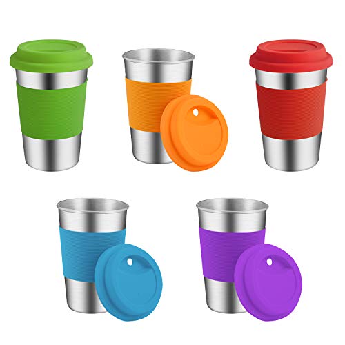 Stainless Steel Cups, Supkiir Metal Drinking Tumblers with Silicone Lids&Sleeves, Unbreakable Light Drinking