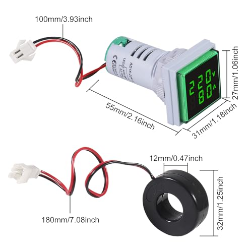 Image of 2PCS AC Voltage Current Meters, Dual LED Display Digital Voltmeter Ammeter AC 60-500V 0-100A Voltage Gauge with Transformer 110v 220v Voltage Tester Current Meter(Green)