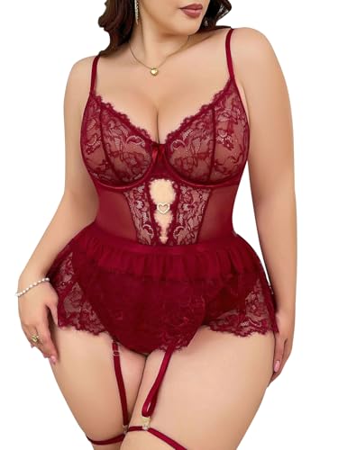 Image of Lilosy Sexy Lingerie Set 3 Piece Women Corset Bodysuit Skirt | Rhinestone Heart Stocking Garter Plus Size Underwire Mesh Sheer Lace Push Up Babydoll Halloween Christmas Valentine's Bridal