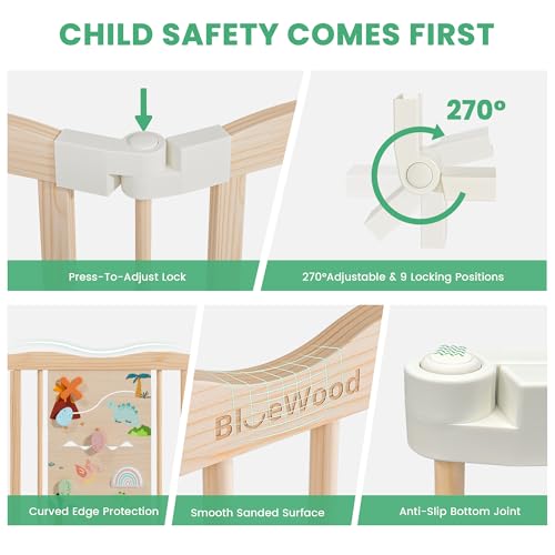 Image of Foldable Wooden Playpen - Adjustable Wood Baby Play Yard with Child-Proof Lock, Indoor Large Safety Fence for Babies and Toddlers - Easy Assembly, 55 x 55 x 24 inches, Dino Land, Natural