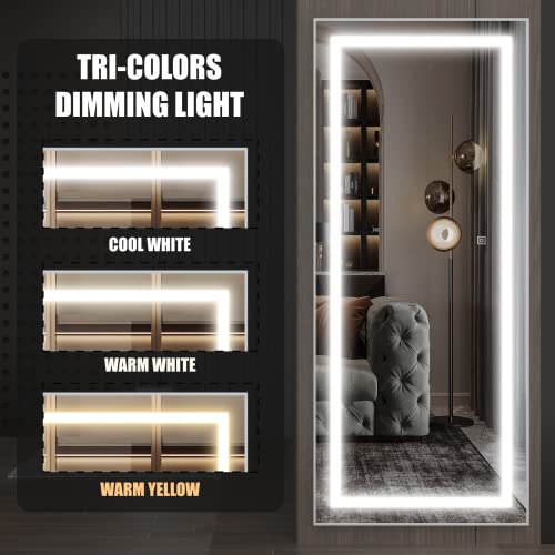 Vierose 67" X 30" Large And Tall Full Length Mirror With Lights And Stand - Wall Mounted And Floor Mirror, Led Lighted Full Body Dressing Mirror, Mirror For Bedroom, Dimming & 3 Color Modes, White #TOP3