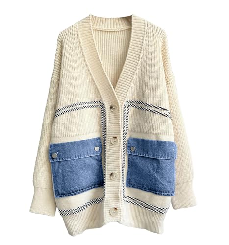 ebossy Women's Spliced Denim Pockets Knit Cardigan Button Down Slouchy Stripe Sweater Outwear