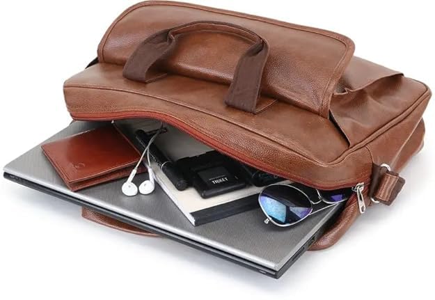 Image of Faux Leather Office Laptop Bag for Men - 15.6 Inch Briefcase Messenger Bag with Shoulder Strap | Professional Business Travel Bag with Front Pocket & Handle