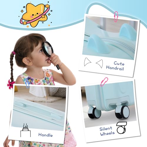 20 inch Ride On Hardshell PC Luggage for Kids, 3 Level Height Handlebar 360° Silent Spinner Wheels kid Luggage,Adorable Handrail Spacious Interior Suitcases for Children (Blue with Cute Handrail)3